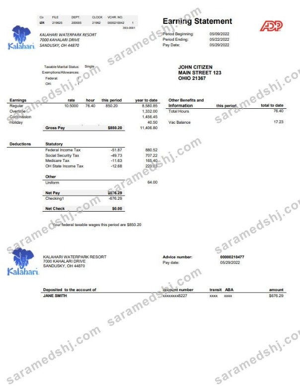 USA Ohio Kalahari Waterpark Resort utility bill template in Word and PDF format